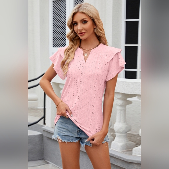 Eyelet Notched Short Sleeve T-Shirt - Picture 2 of 5